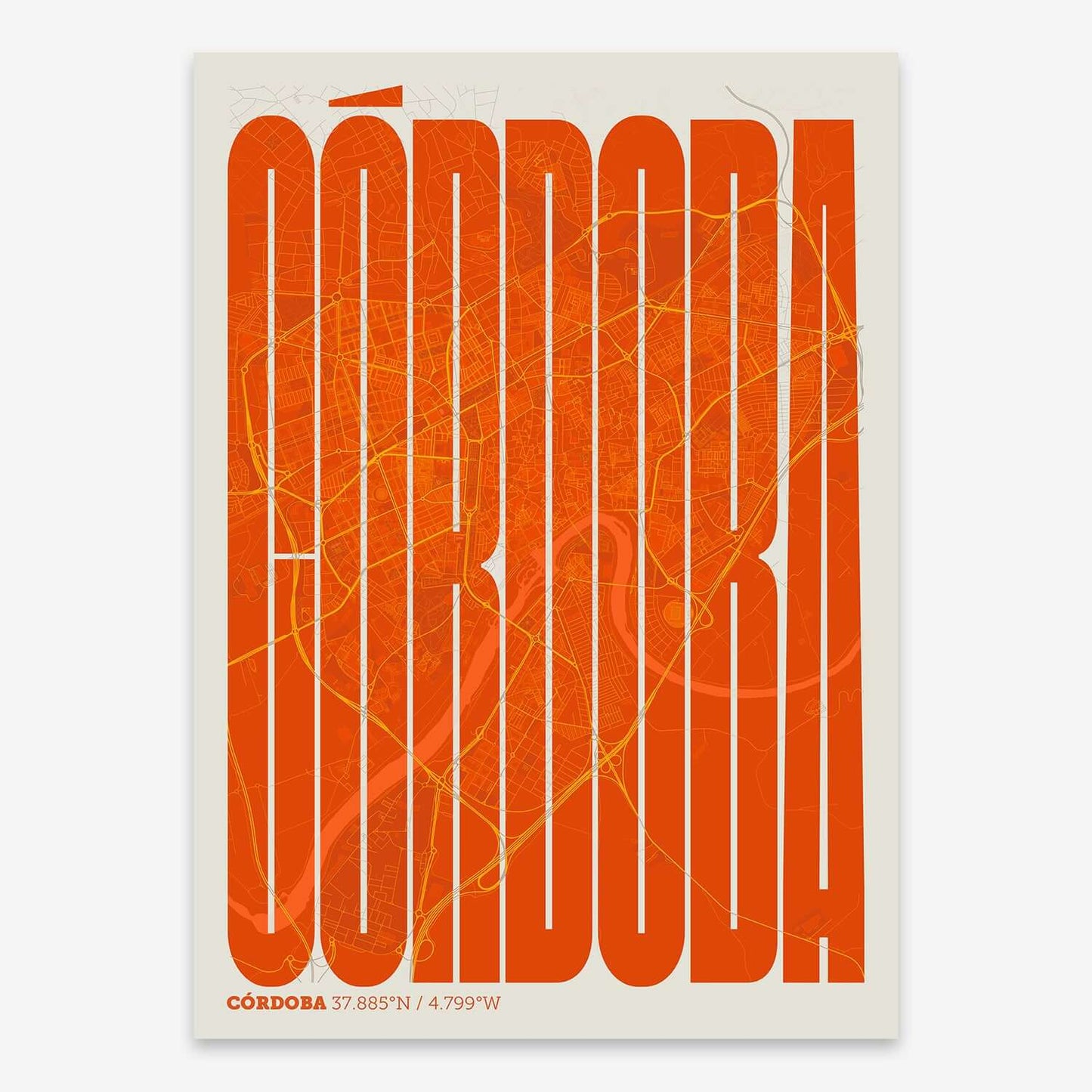 The map of Cordoba and letters of its name in a giclée print designed in orange and an off-white background