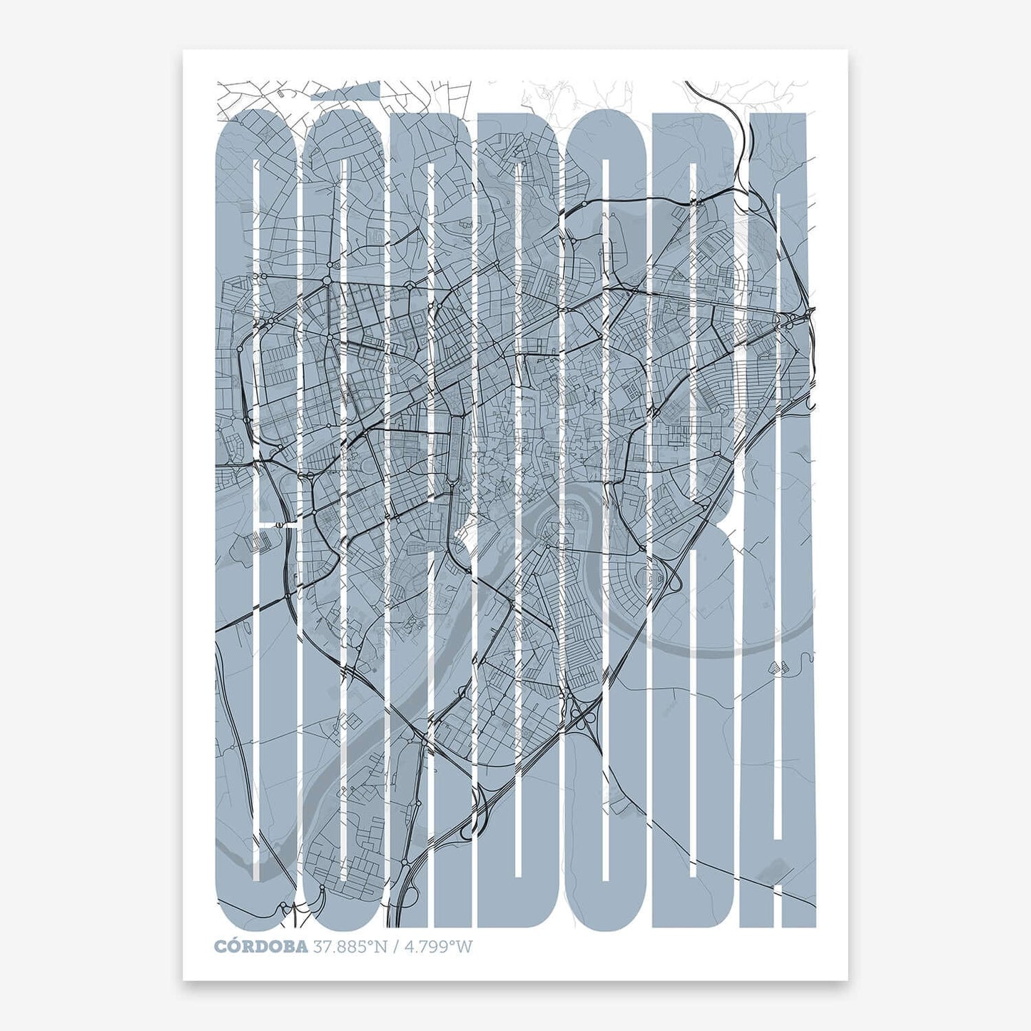The map of Cordoba and letters of its name in a giclée print designed in black and white