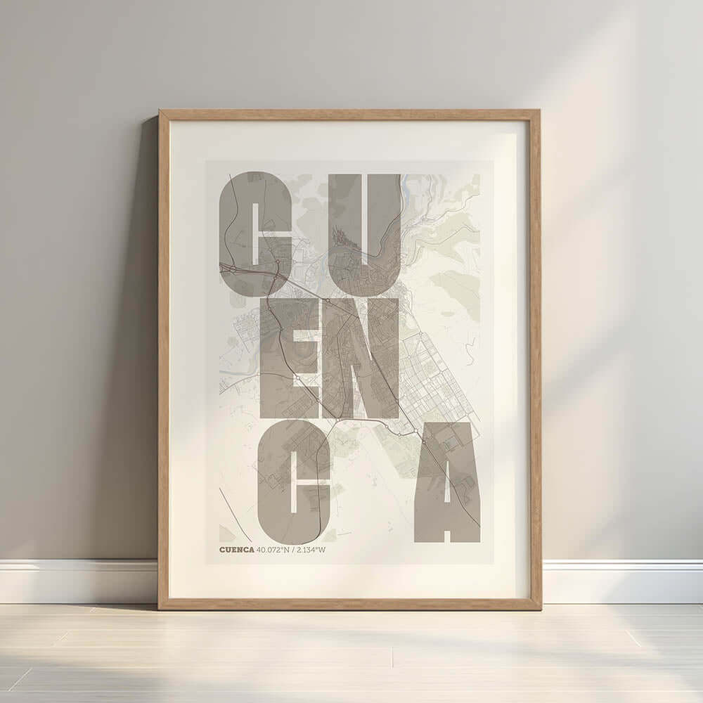 Lámina creativa de Cuenca – Diseño gráfico y tipografía sobre mapa