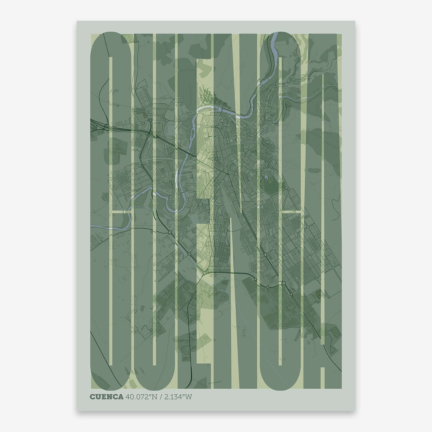 The map of Cuenca and letters of its name in a giclée print designed in two green tones
