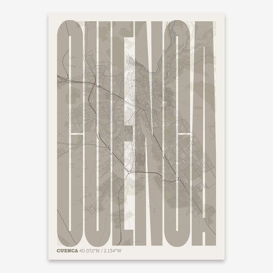 The map of Cuenca and letters of its name in a giclée print designed in light brown and an off-white background