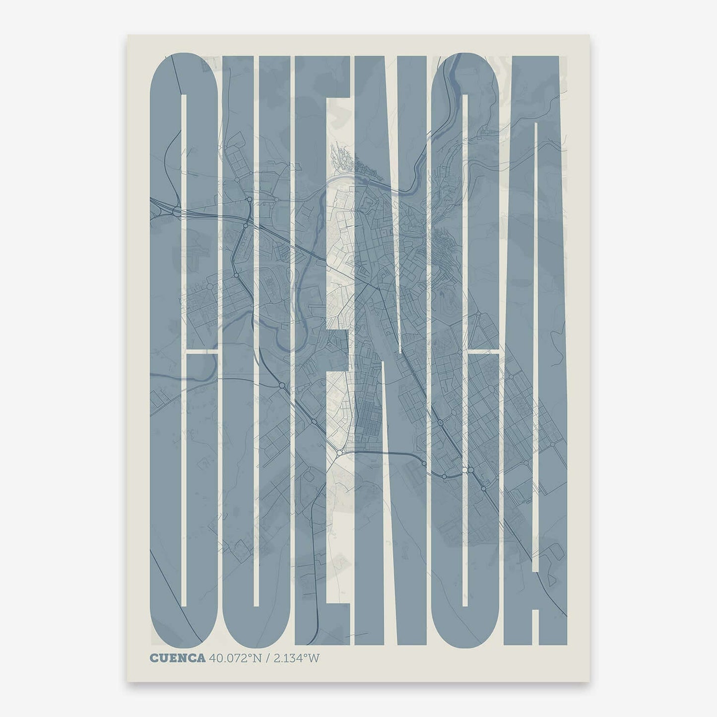 The map of Cuenca and letters of its name in a giclée print designed in bluish gray and an off-white background