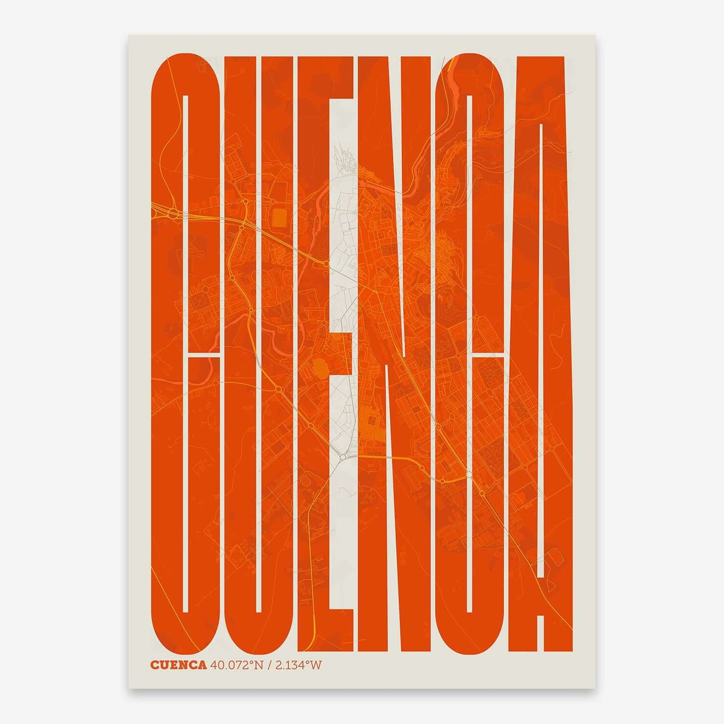 The map of Cuenca and letters of its name in a giclée print designed in orange and an off-white background