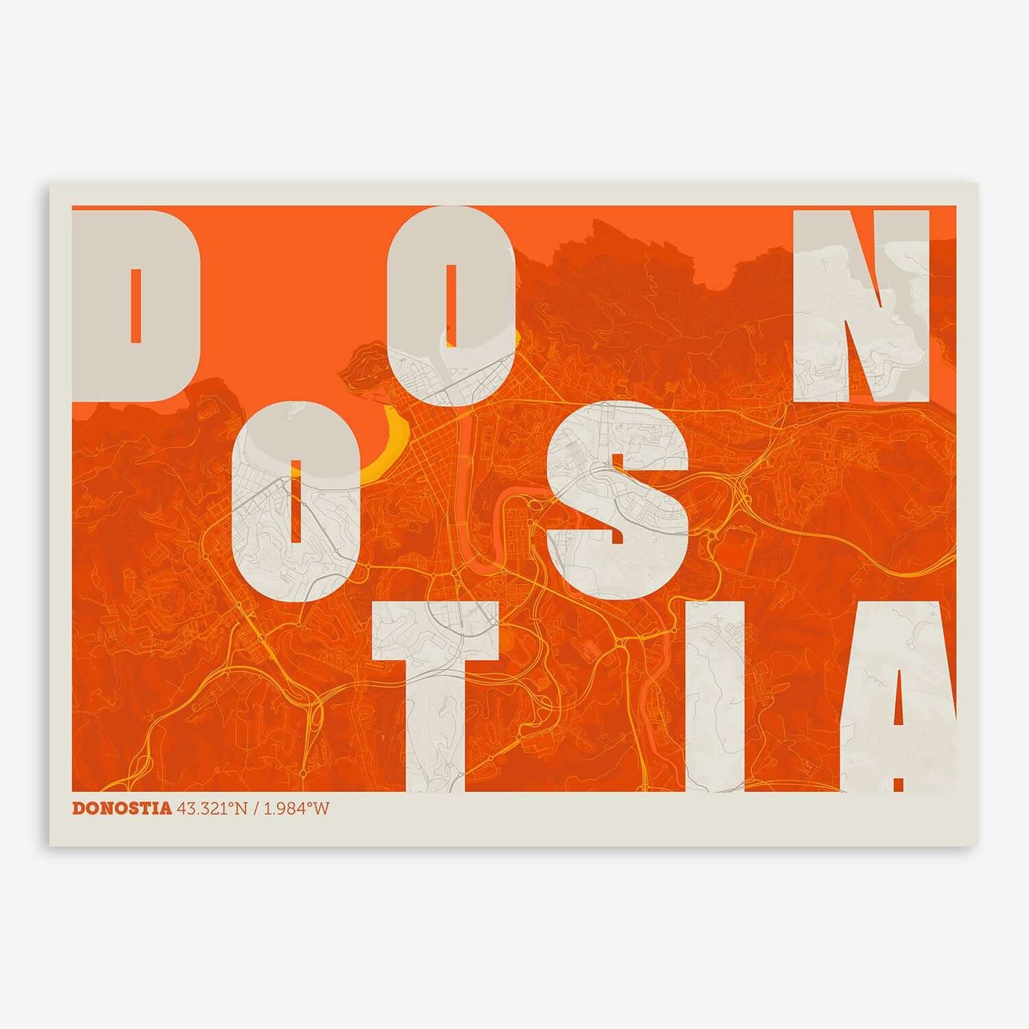 The map of Donostia with letters of its name placed randomly, designed in orange and an off-white background