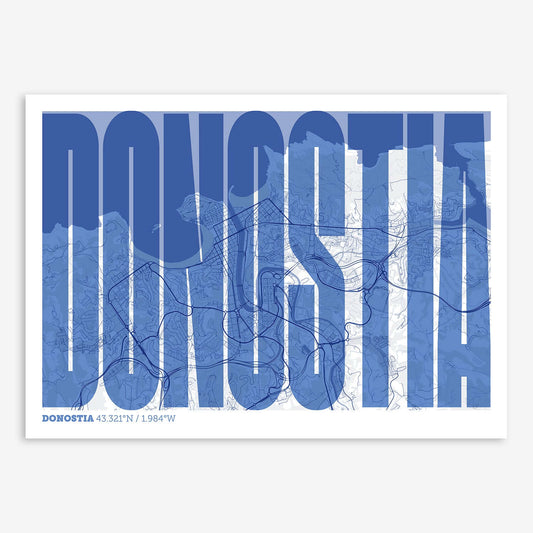 The map of Donostia and letters of its name in a giclée print designed in navy blue and white
