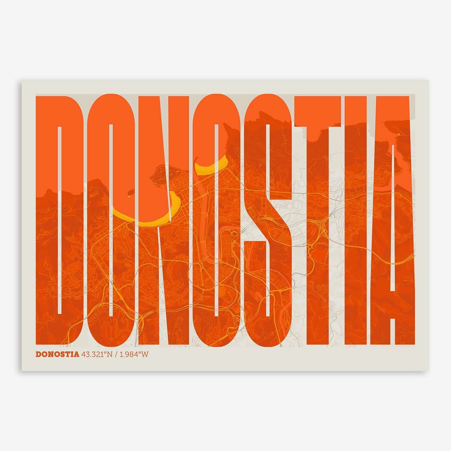 The map of Donostia and letters of its name in a giclée print designed in orange and an off-white background