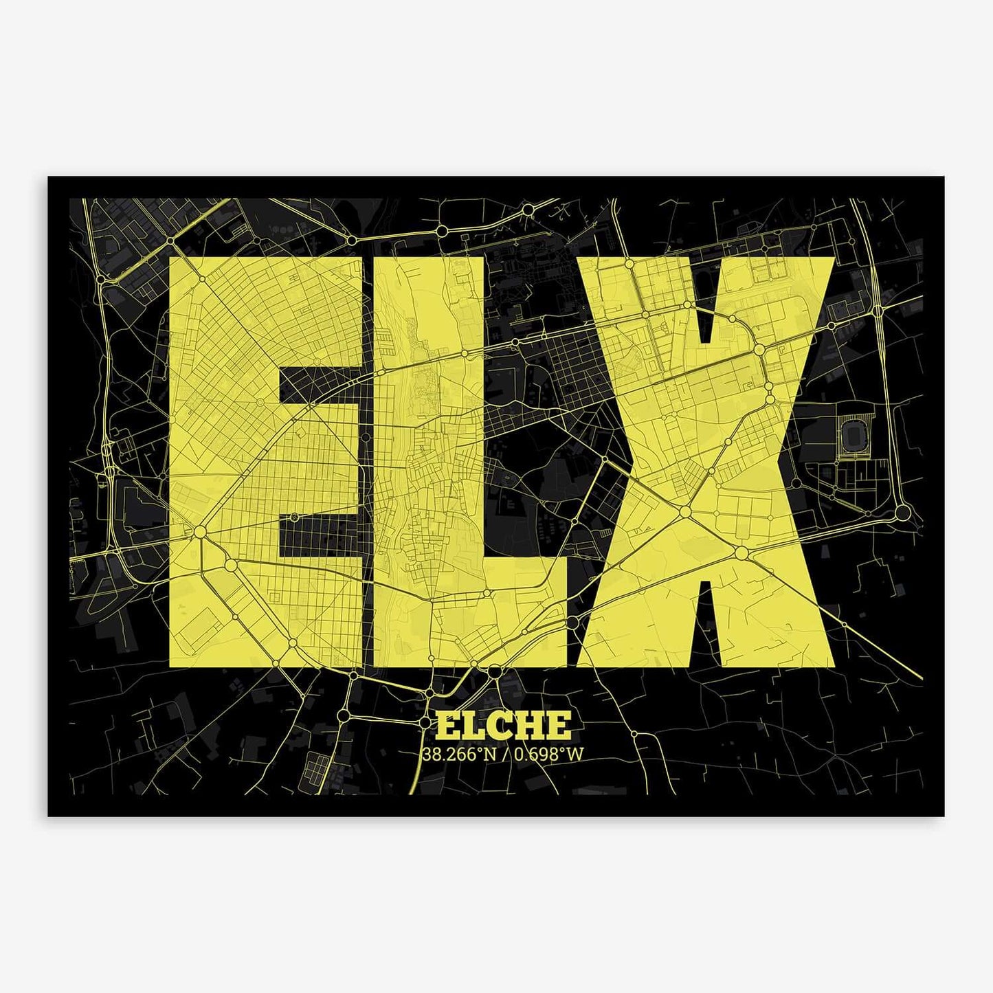The map of Elche composed with letters in a heavy geometric font printed on black and yellow