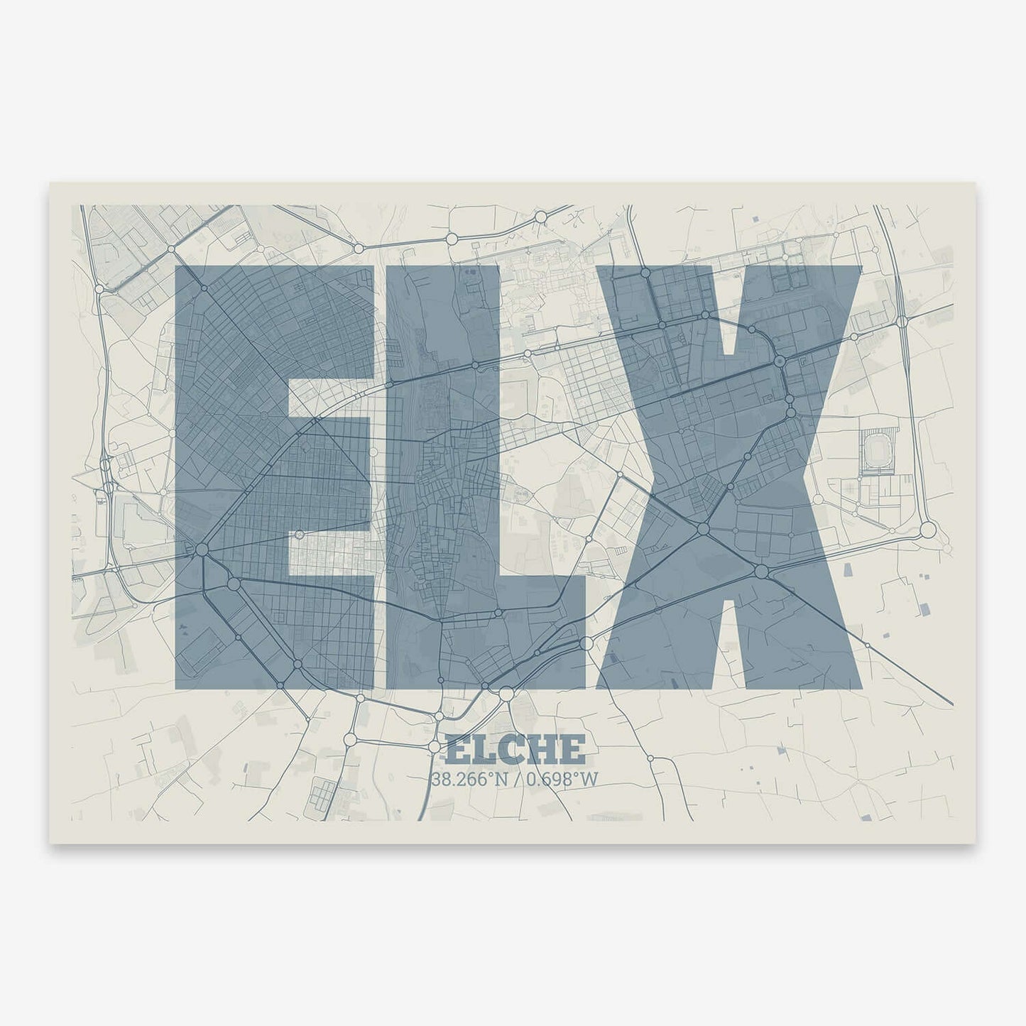 The map of Elche composed with letters in a heavy geometric font printed on bluish gray and an off-white background