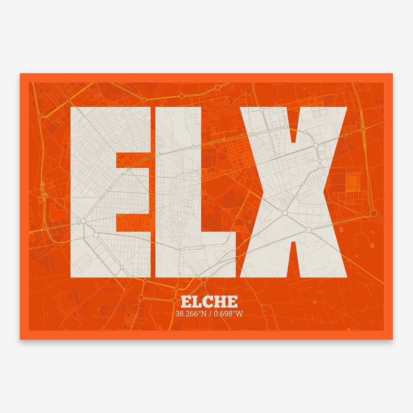 The map of Elche composed with letters in a heavy geometric font printed on orange and an off-white background