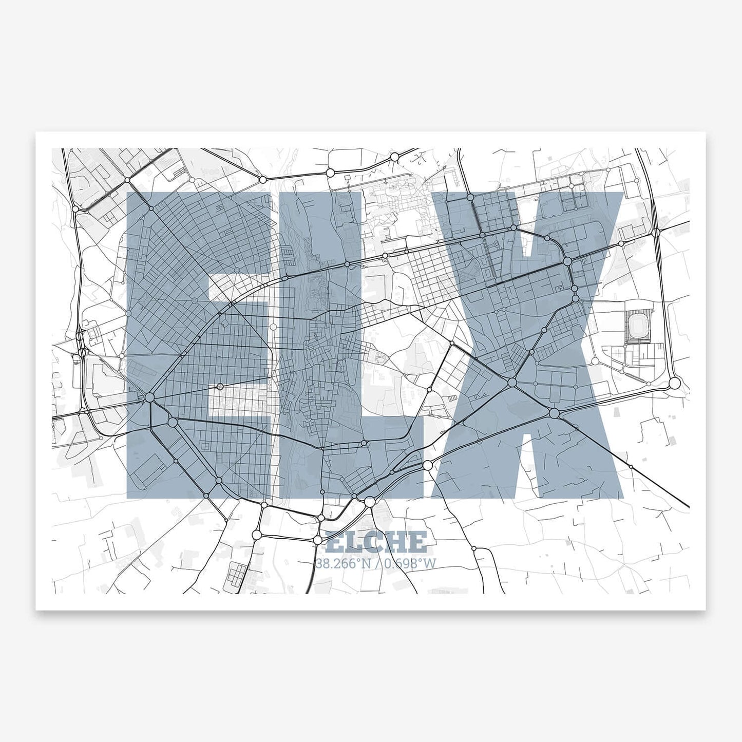 The map of Elche composed with letters in a heavy geometric font printed on black and white