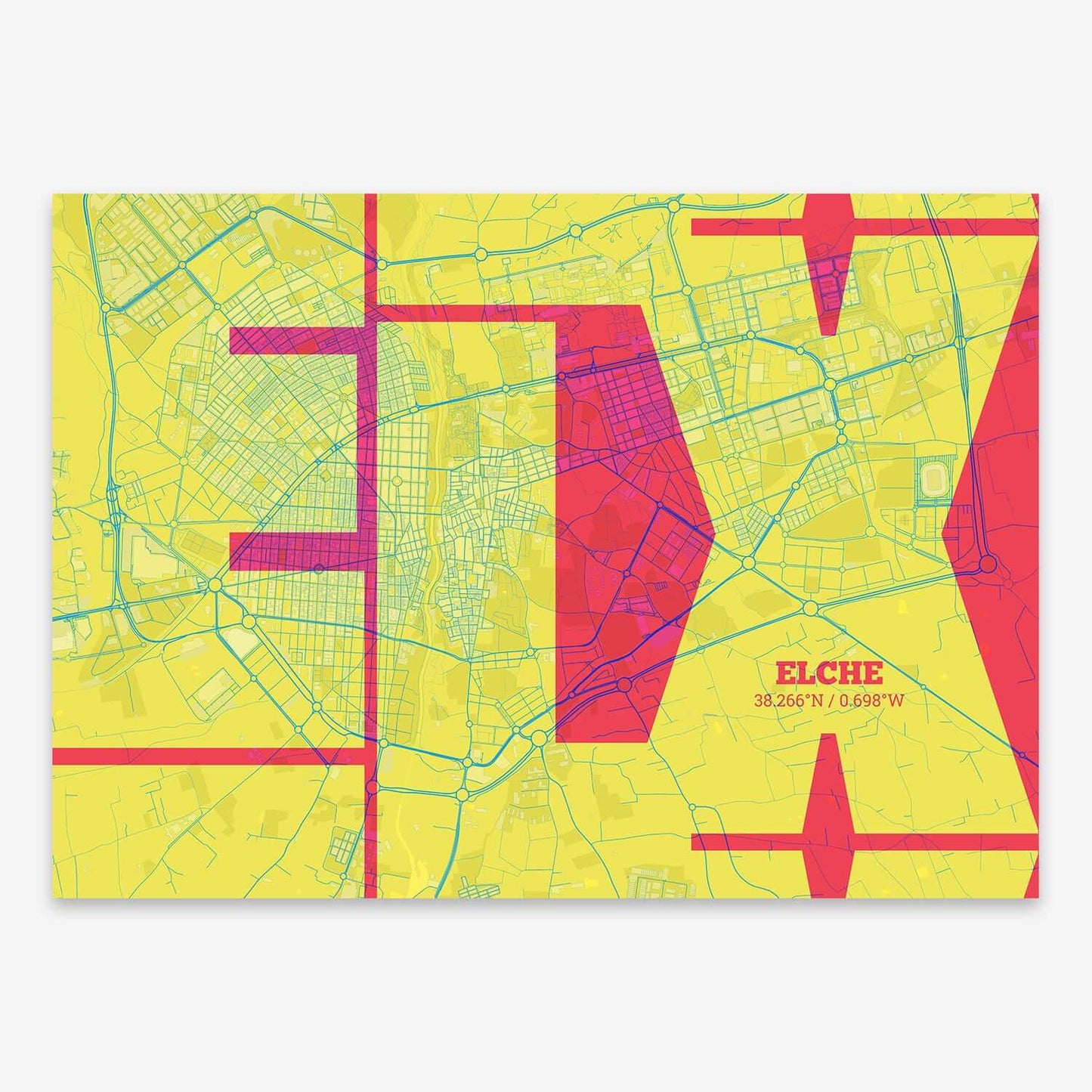 The map of Elche composed with letters from its name or IATA code printed on yellow and fuchsia