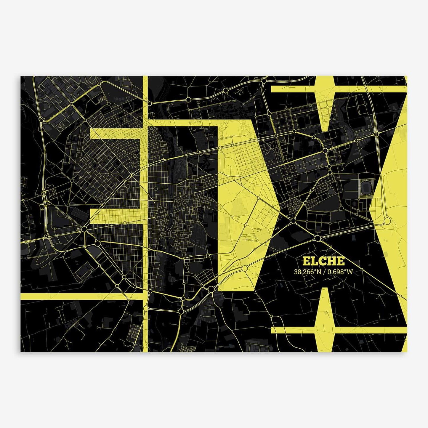 The map of Elche composed with letters from its name or IATA code printed on black and yellow