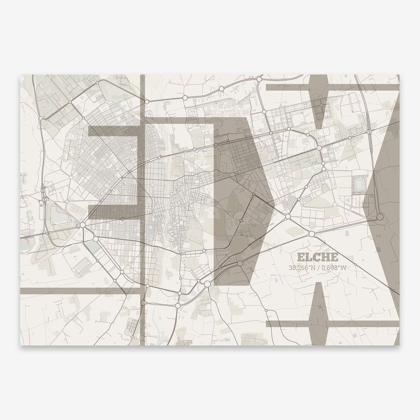The map of Elche composed with letters from its name or IATA code printed on light brown and an off-white background