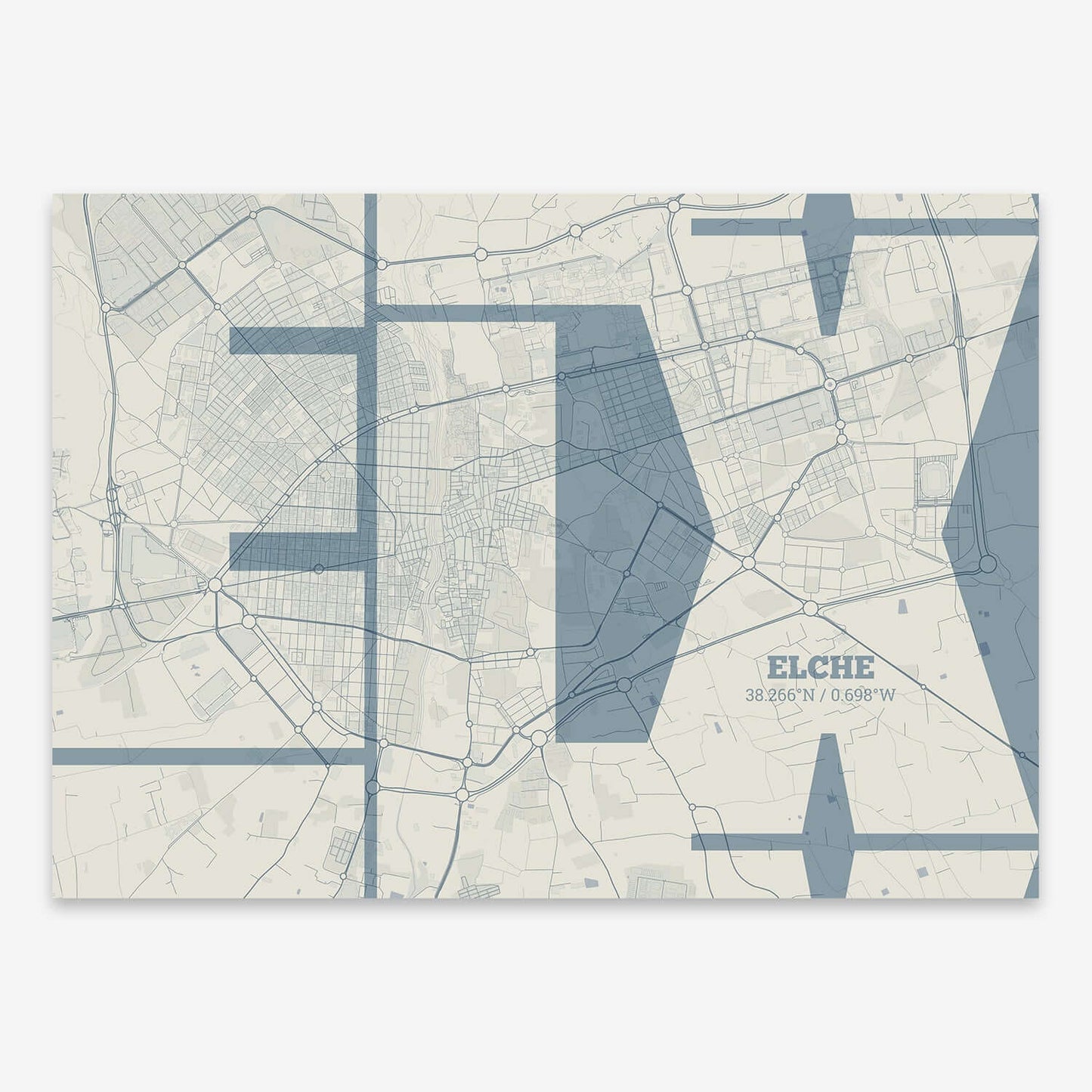 The map of Elche composed with letters from its name or IATA code printed on bluish gray and an off-white background