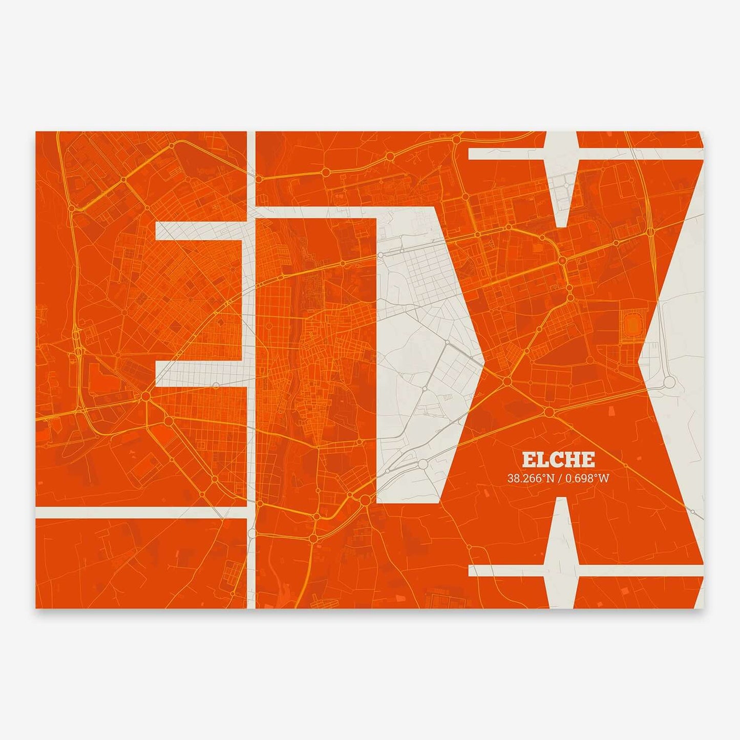 The map of Elche composed with letters from its name or IATA code printed on orange and an off-white background