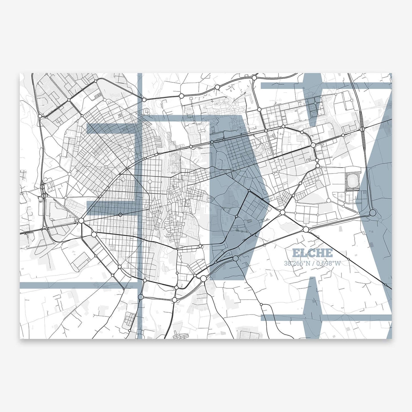 The map of Elche composed with letters from its name or IATA code printed on black and white