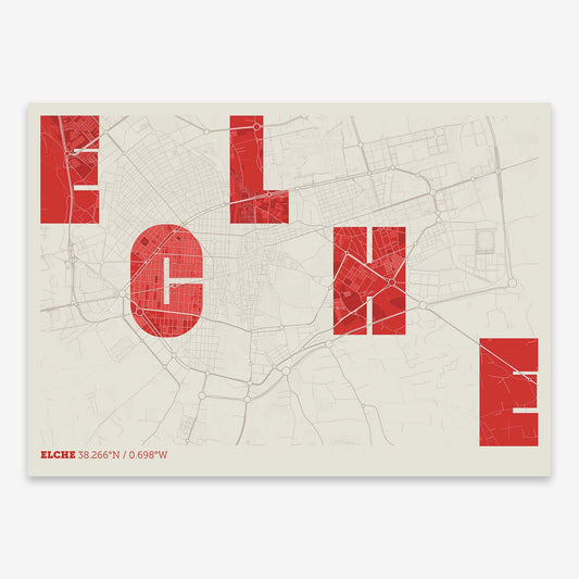The map of Elche with letters of its name placed randomly, designed in red and an off-white background