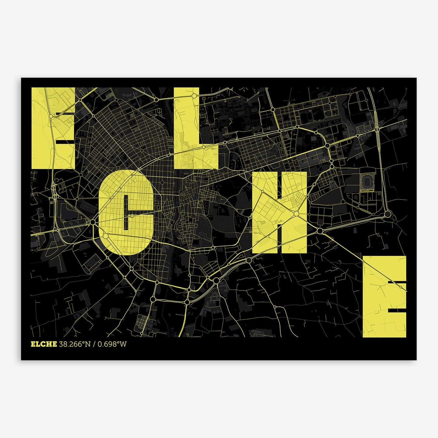 The map of Elche with letters of its name placed randomly, designed in black and yellow