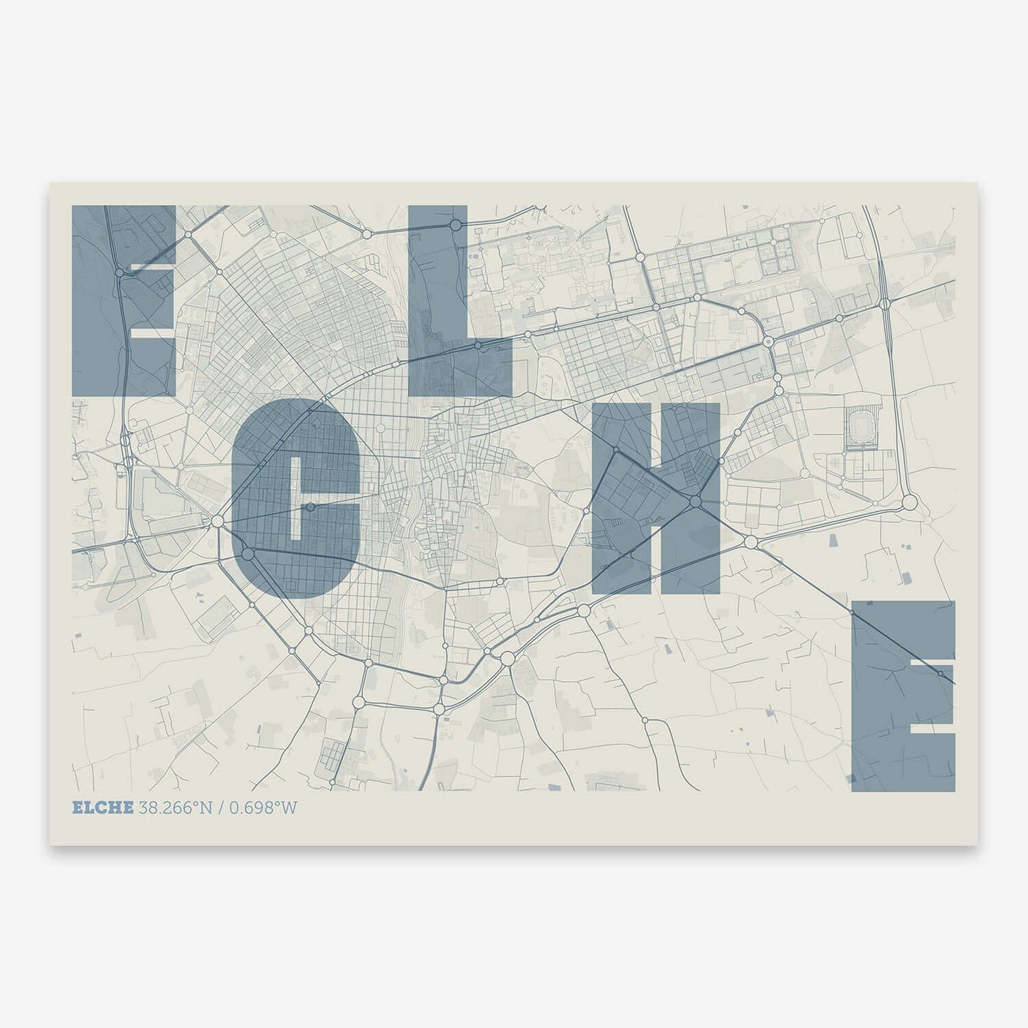 The map of Elche with letters of its name placed randomly, designed in bluish gray and an off-white background