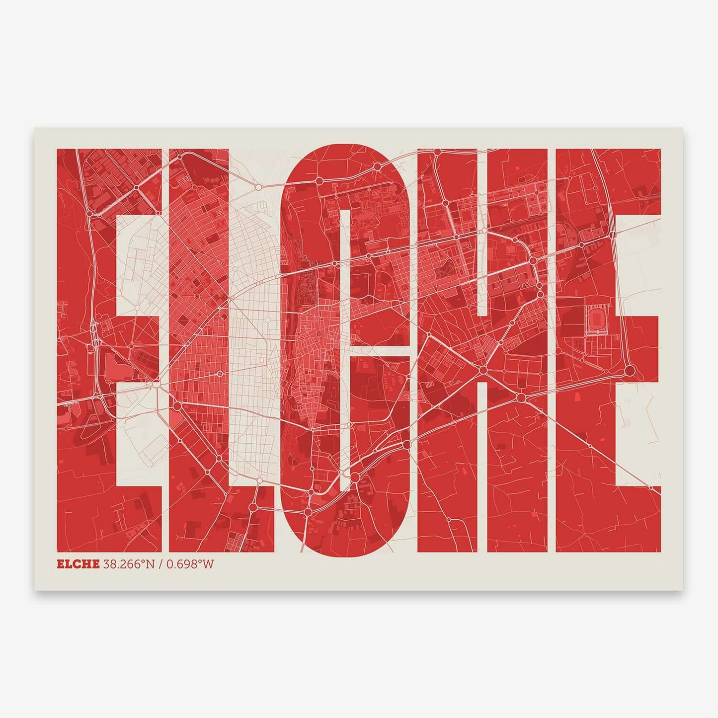 The map of Elche and letters of its name in a giclée print designed in red and an off-white background