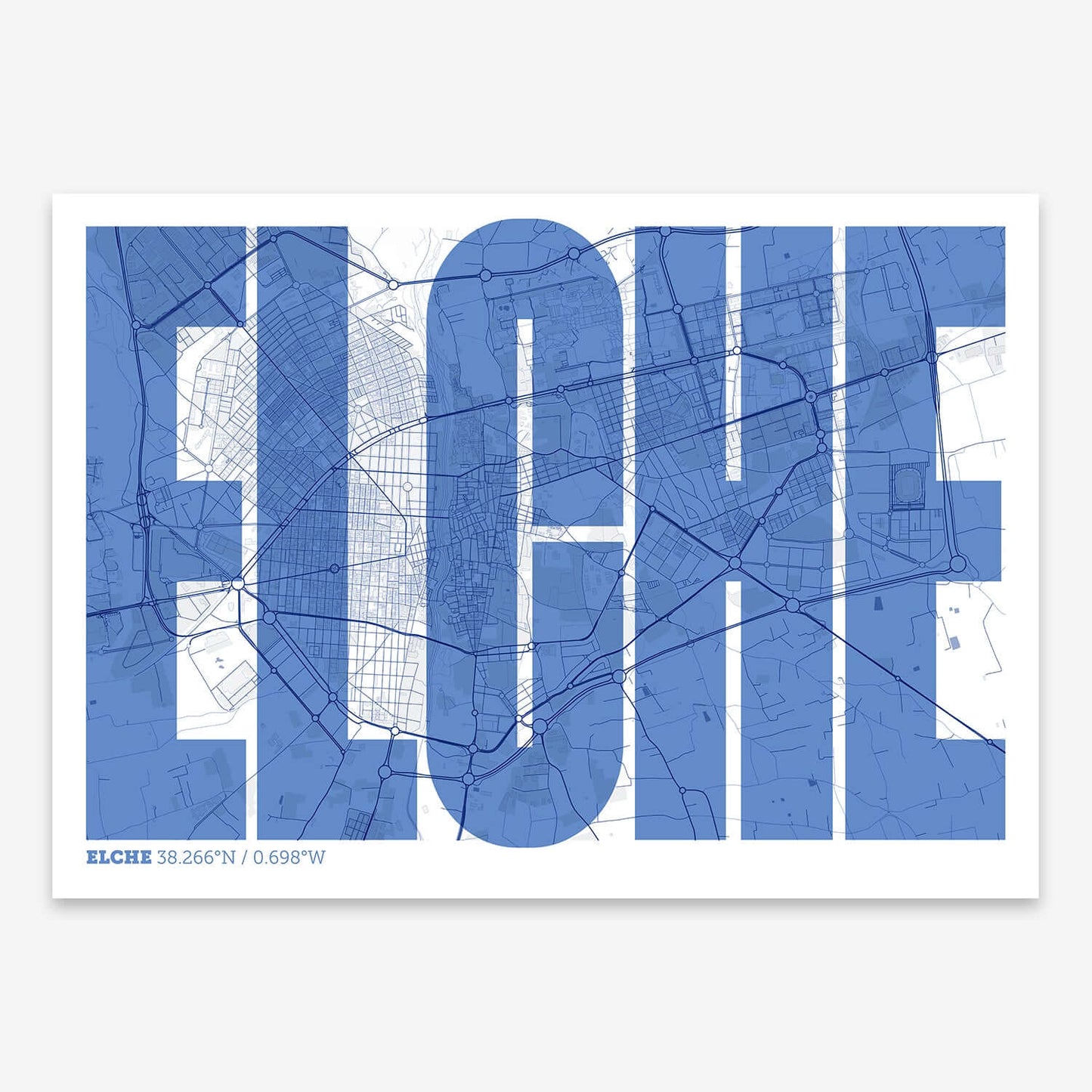 The map of Elche and letters of its name in a giclée print designed in navy blue and white