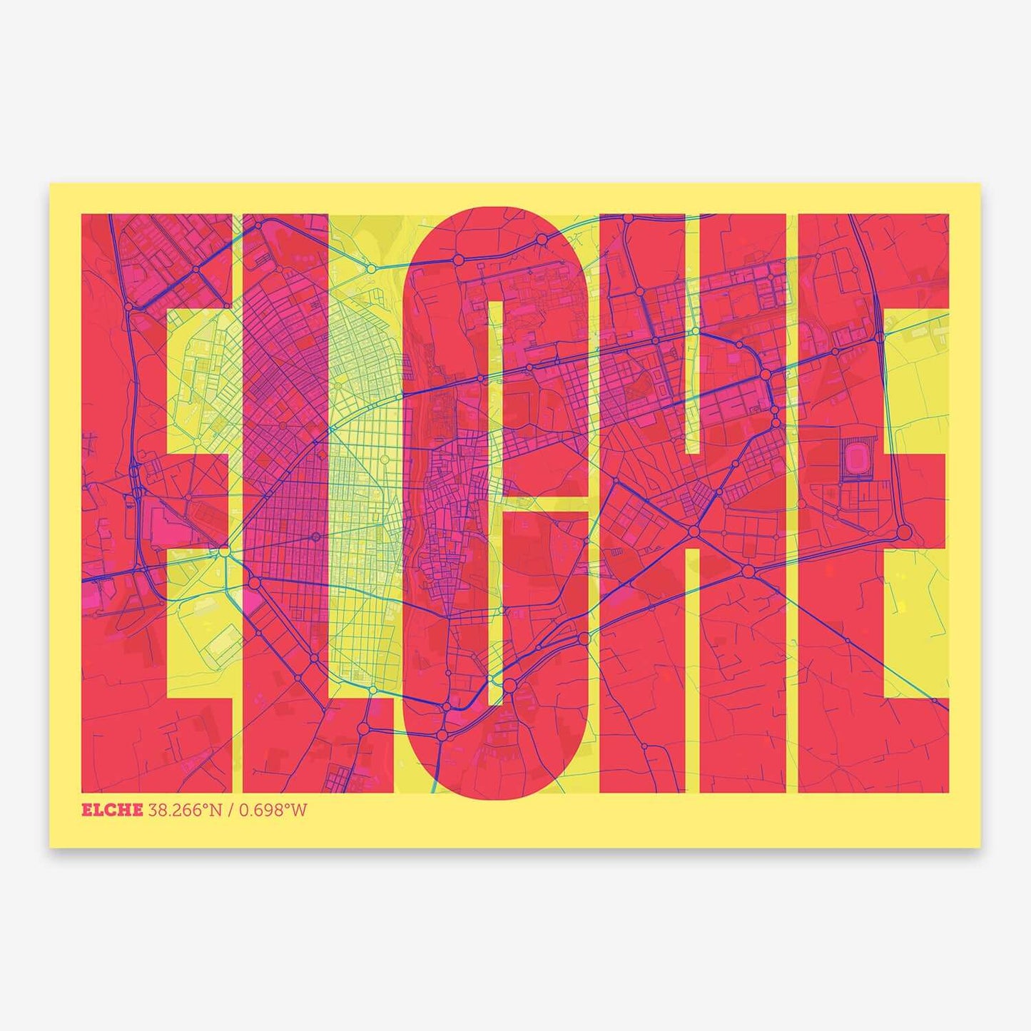 The map of Elche and letters of its name in a giclée print designed in yellow and fuchsia