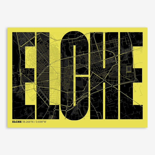 The map of Elche and letters of its name in a giclée print designed in black and yellow
