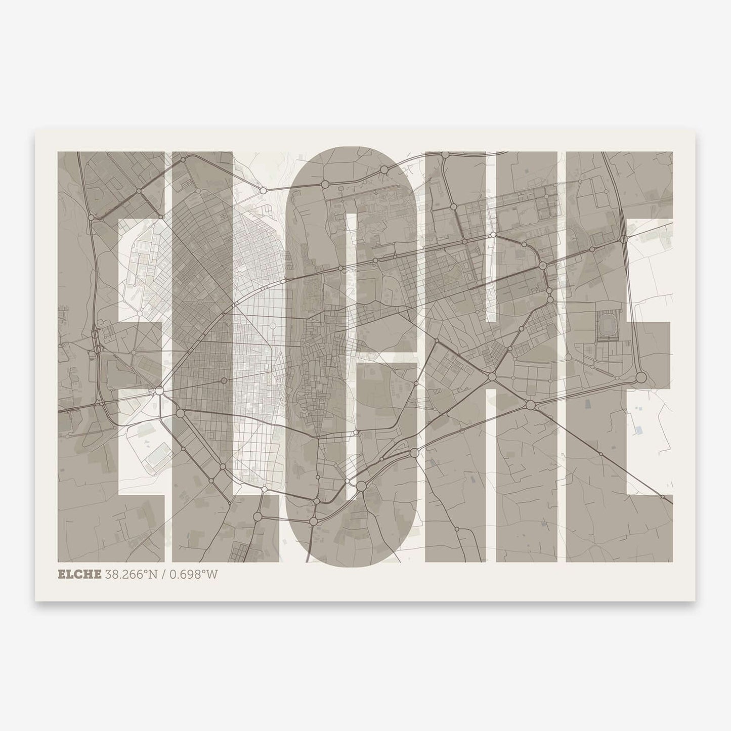 The map of Elche and letters of its name in a giclée print designed in light brown and an off-white background