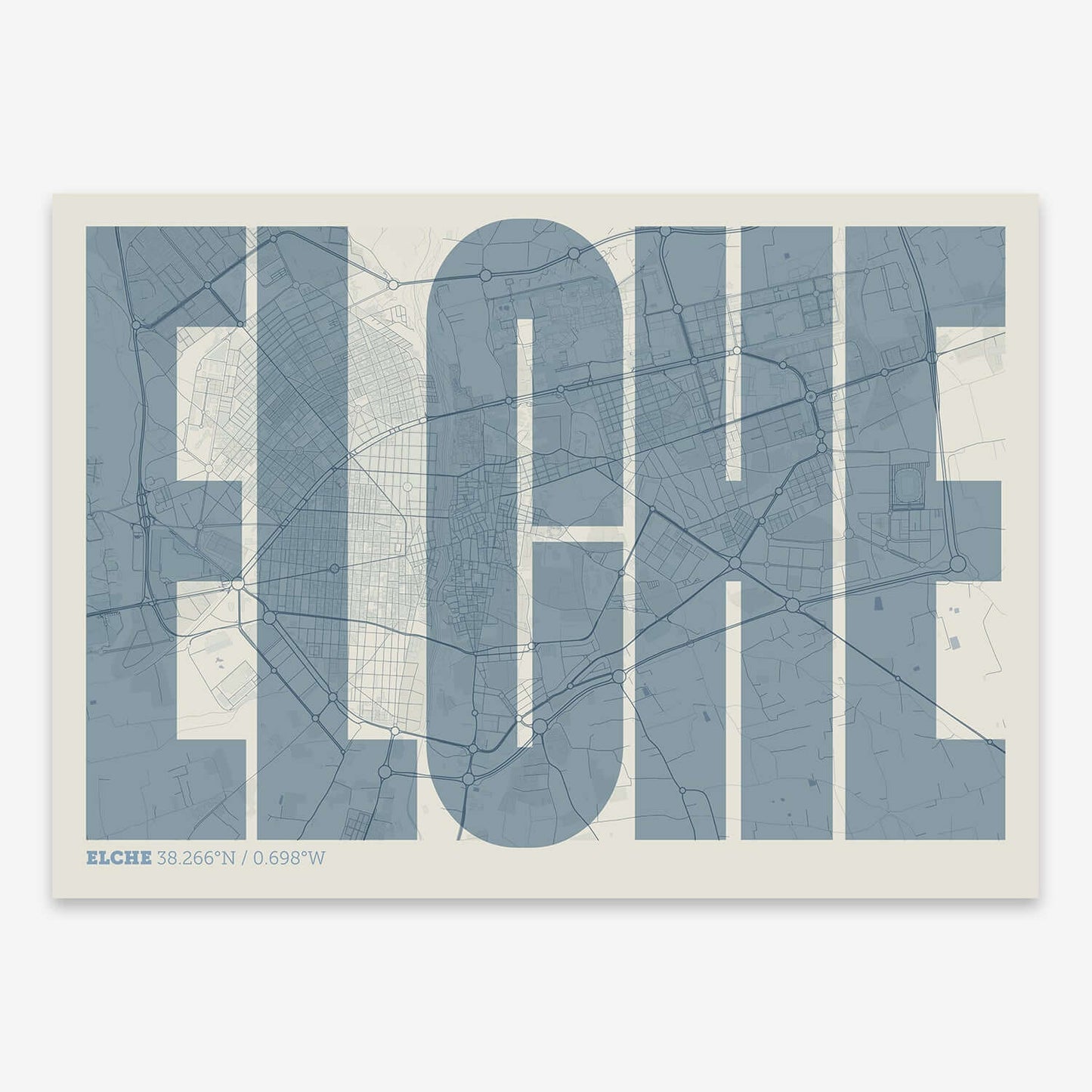 The map of Elche and letters of its name in a giclée print designed in bluish gray and an off-white background