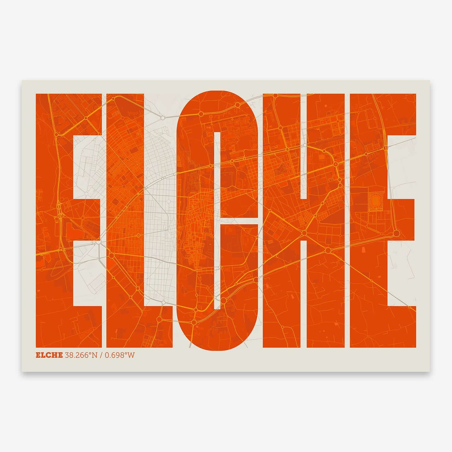 The map of Elche and letters of its name in a giclée print designed in orange and an off-white background