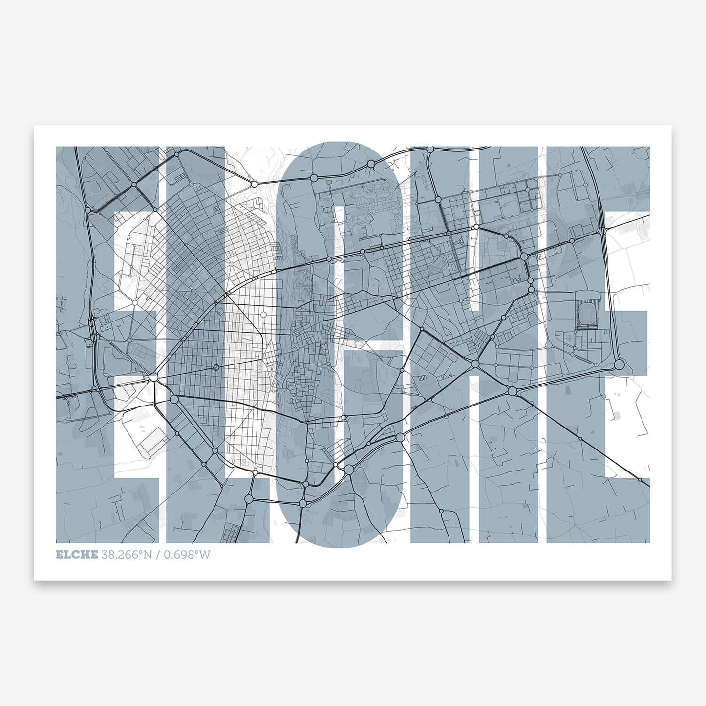 The map of Elche and letters of its name in a giclée print designed in black and white