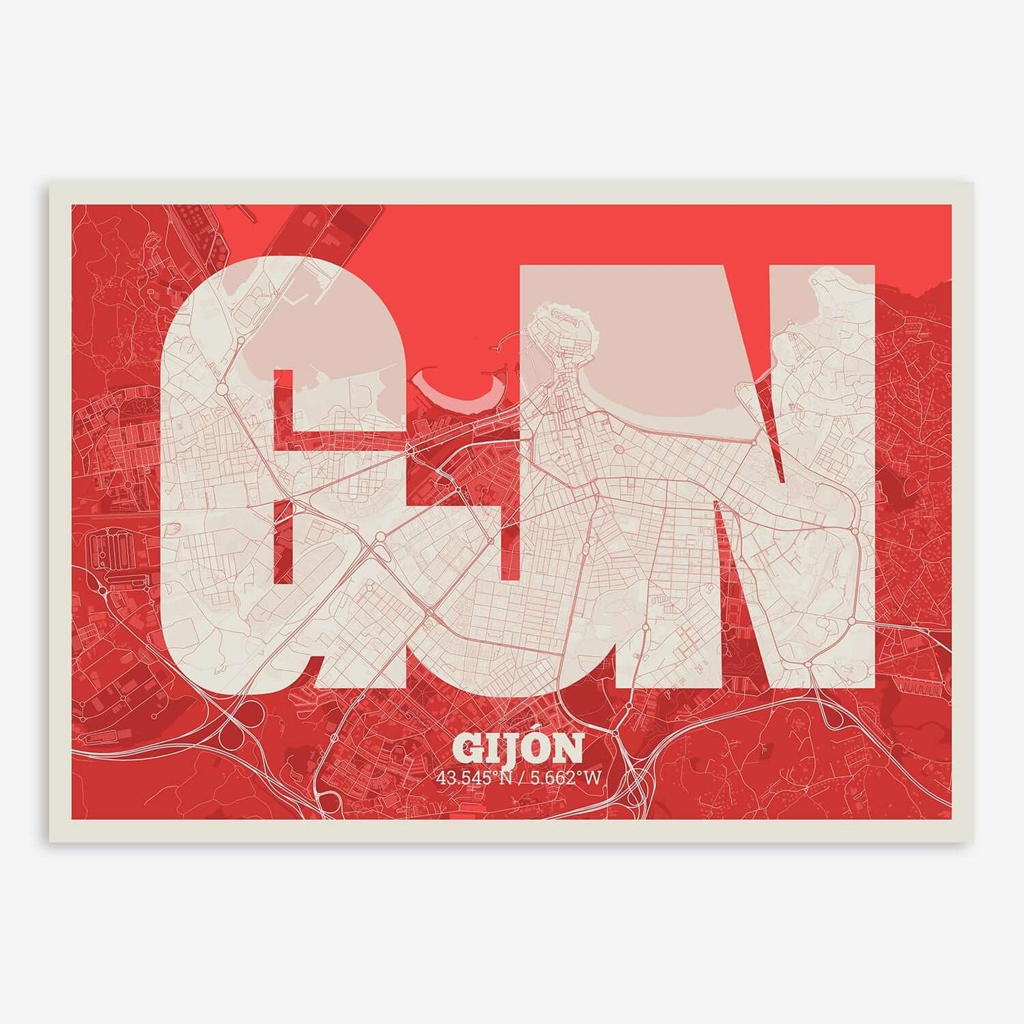 The map of Gijon composed with letters in a heavy geometric font printed on red and an off-white background