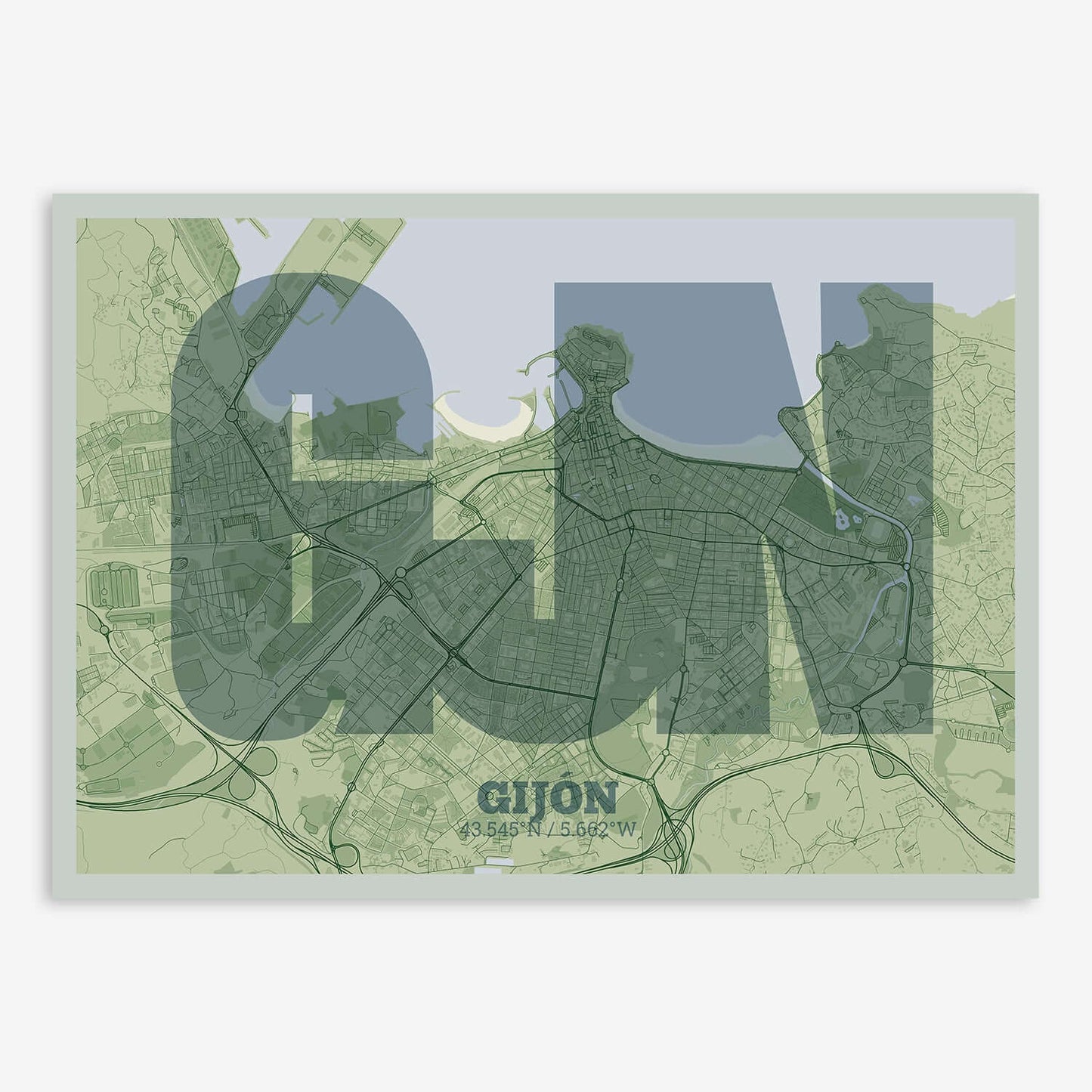 The map of Gijon composed with letters in a heavy geometric font printed on two green tones