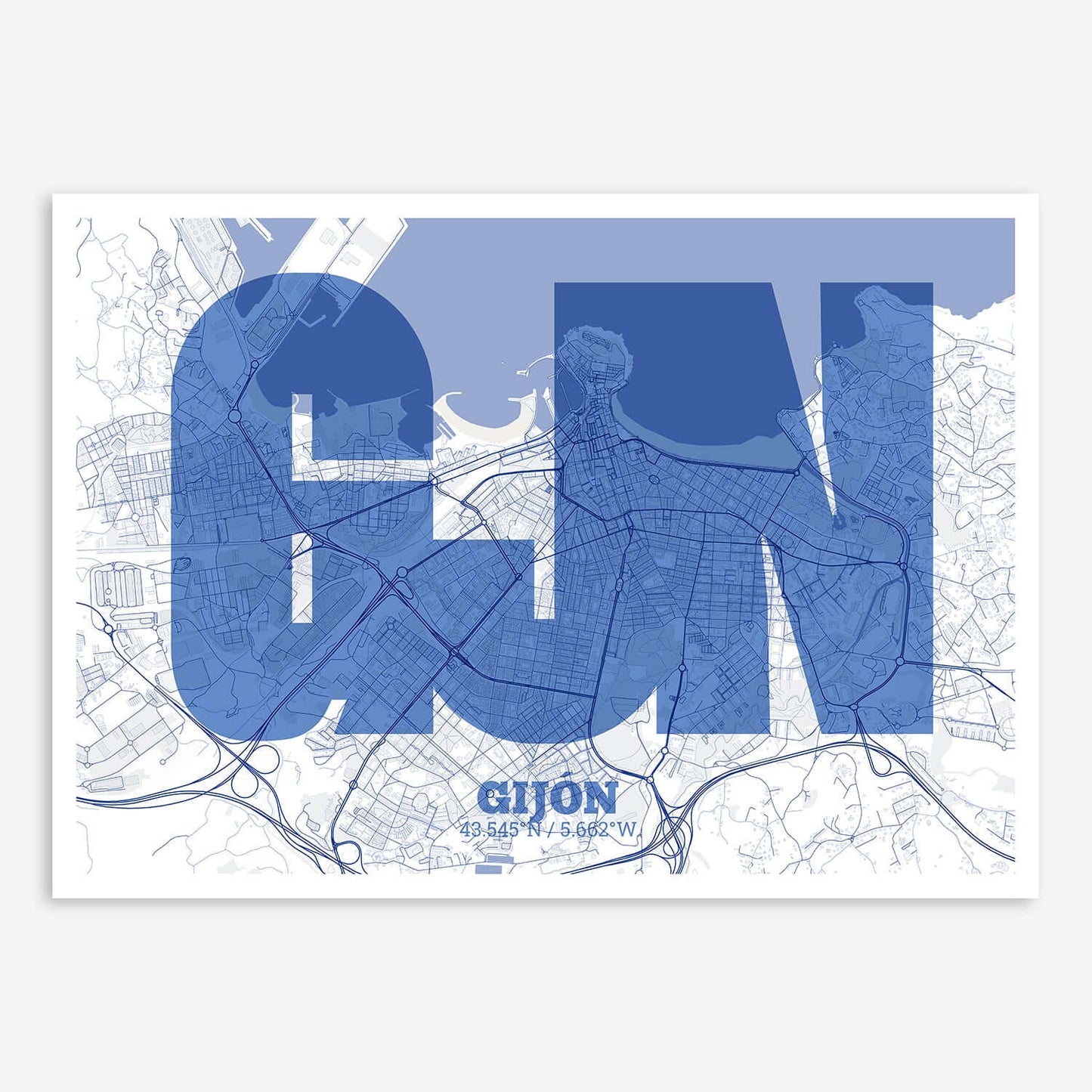 The map of Gijon composed with letters in a heavy geometric font printed on navy blue and white