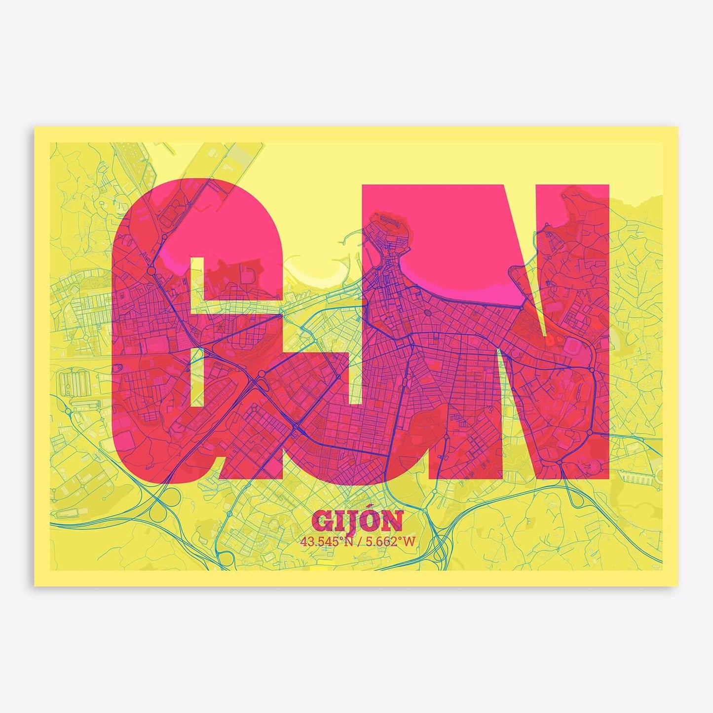 The map of Gijon composed with letters in a heavy geometric font printed on yellow and fuchsia