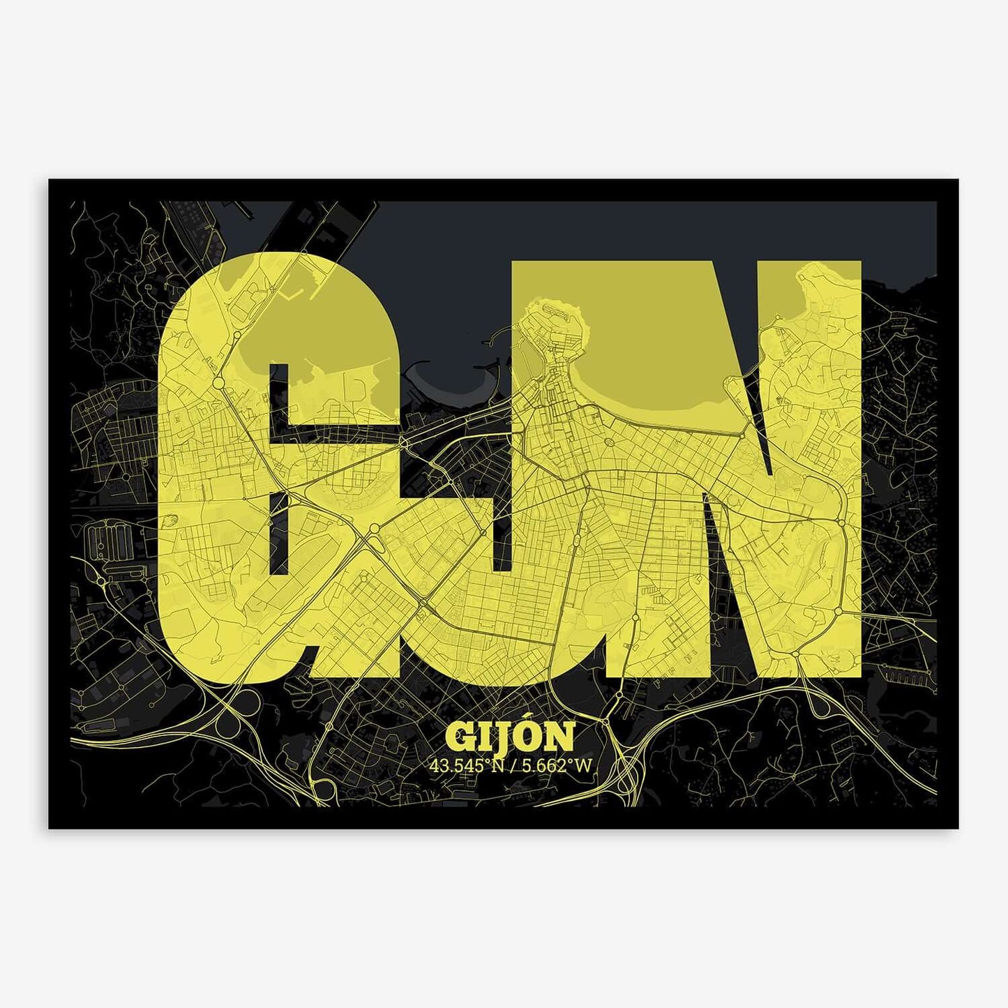 The map of Gijon composed with letters in a heavy geometric font printed on black and yellow