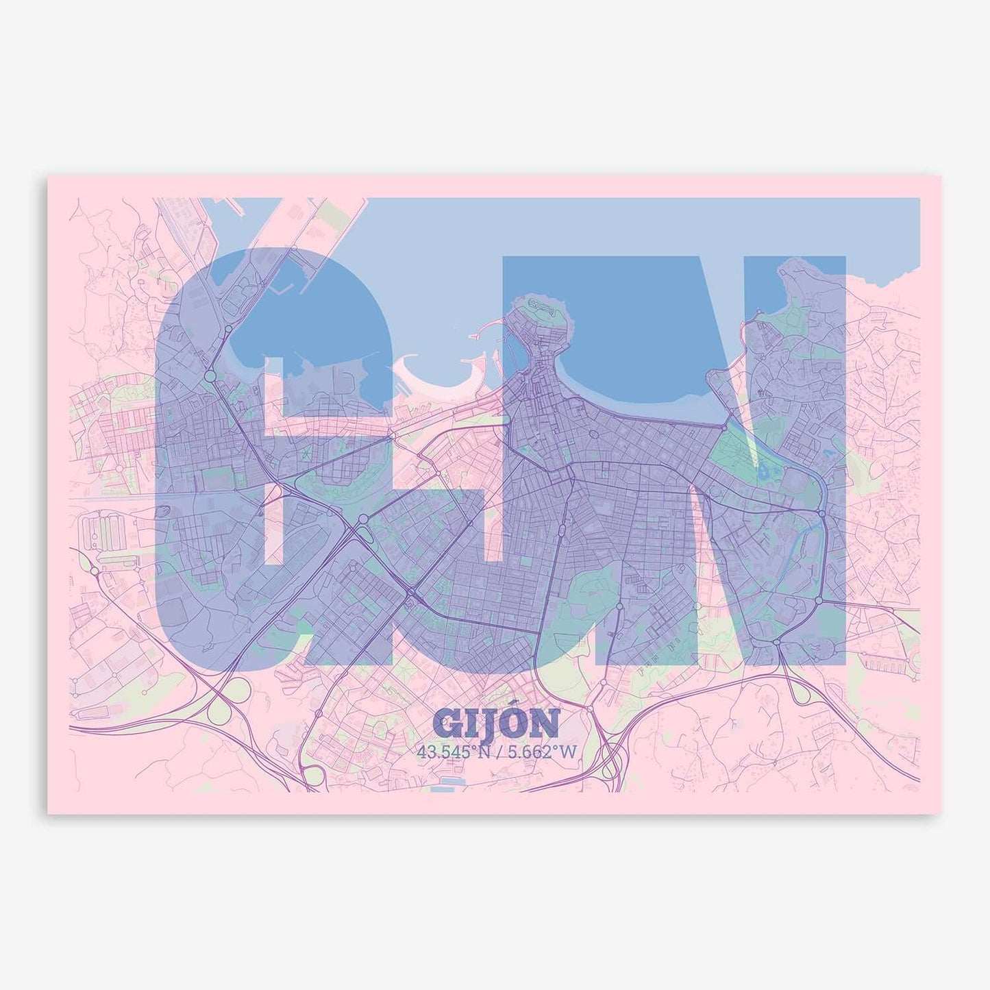 The map of Gijon composed with letters in a heavy geometric font printed on pink and light blue