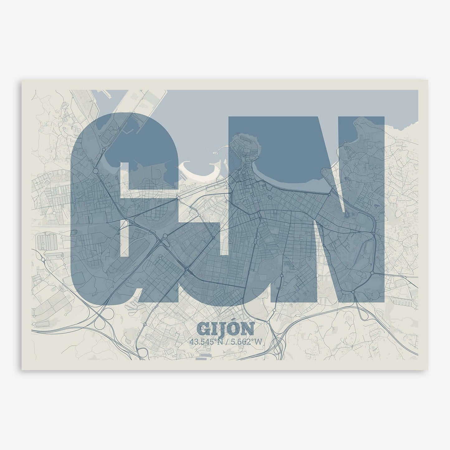 The map of Gijon composed with letters in a heavy geometric font printed on bluish gray and an off-white background