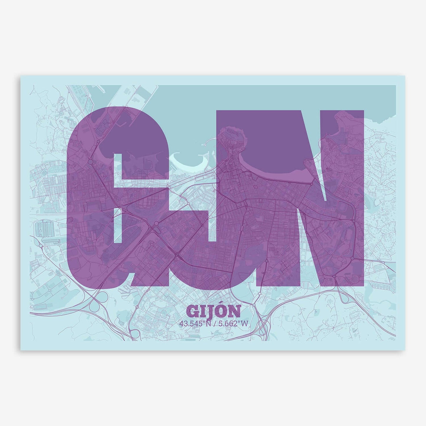 The map of Gijon composed with letters in a heavy geometric font printed on purple and light blue