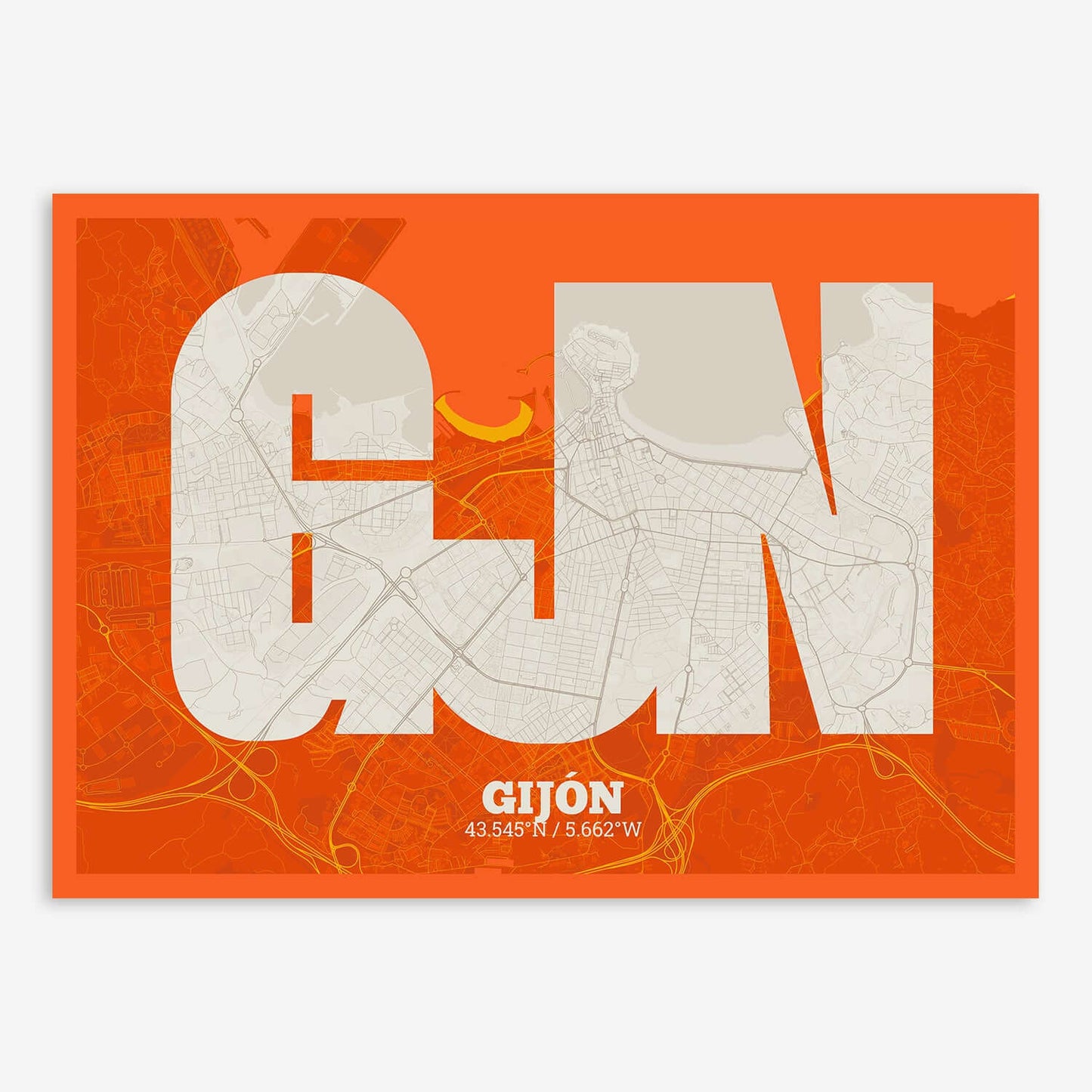 The map of Gijon composed with letters in a heavy geometric font printed on orange and an off-white background