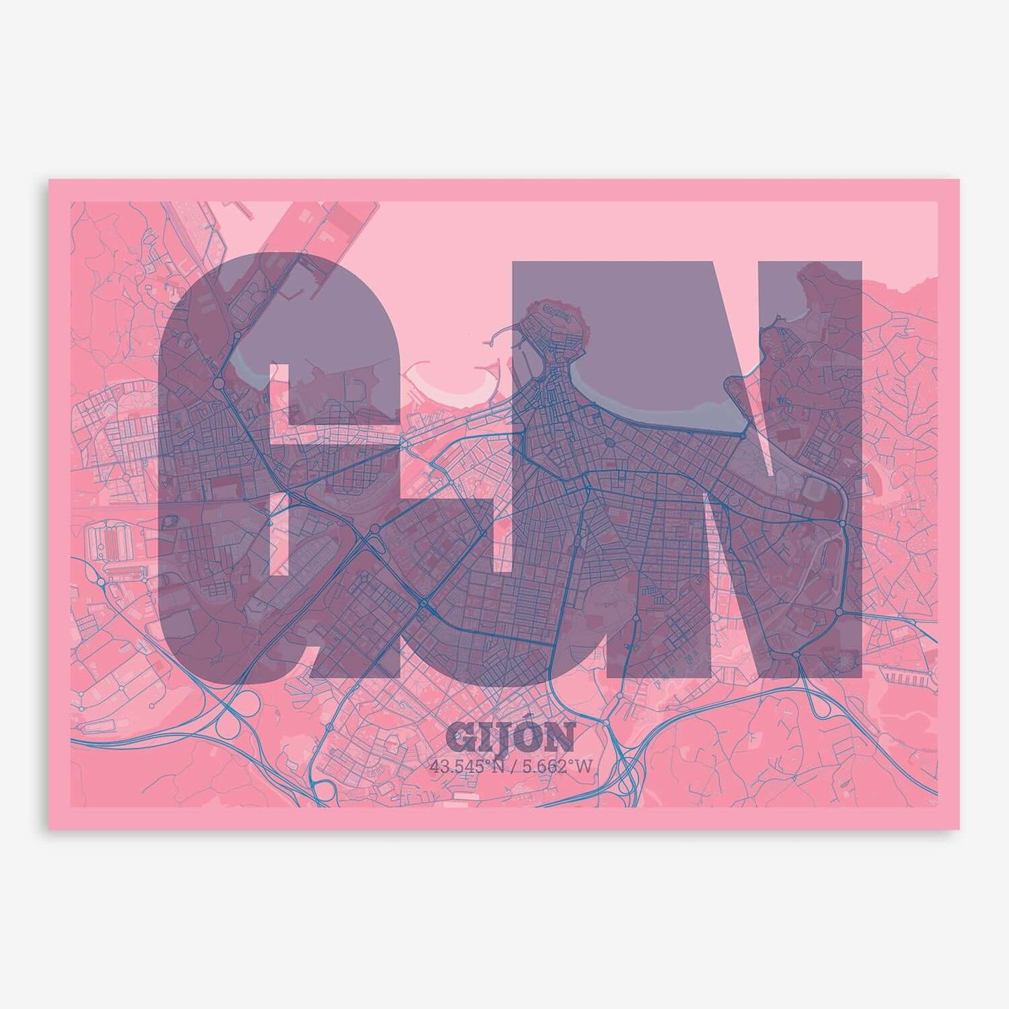 The map of Gijon composed with letters in a heavy geometric font printed on violet y pink background