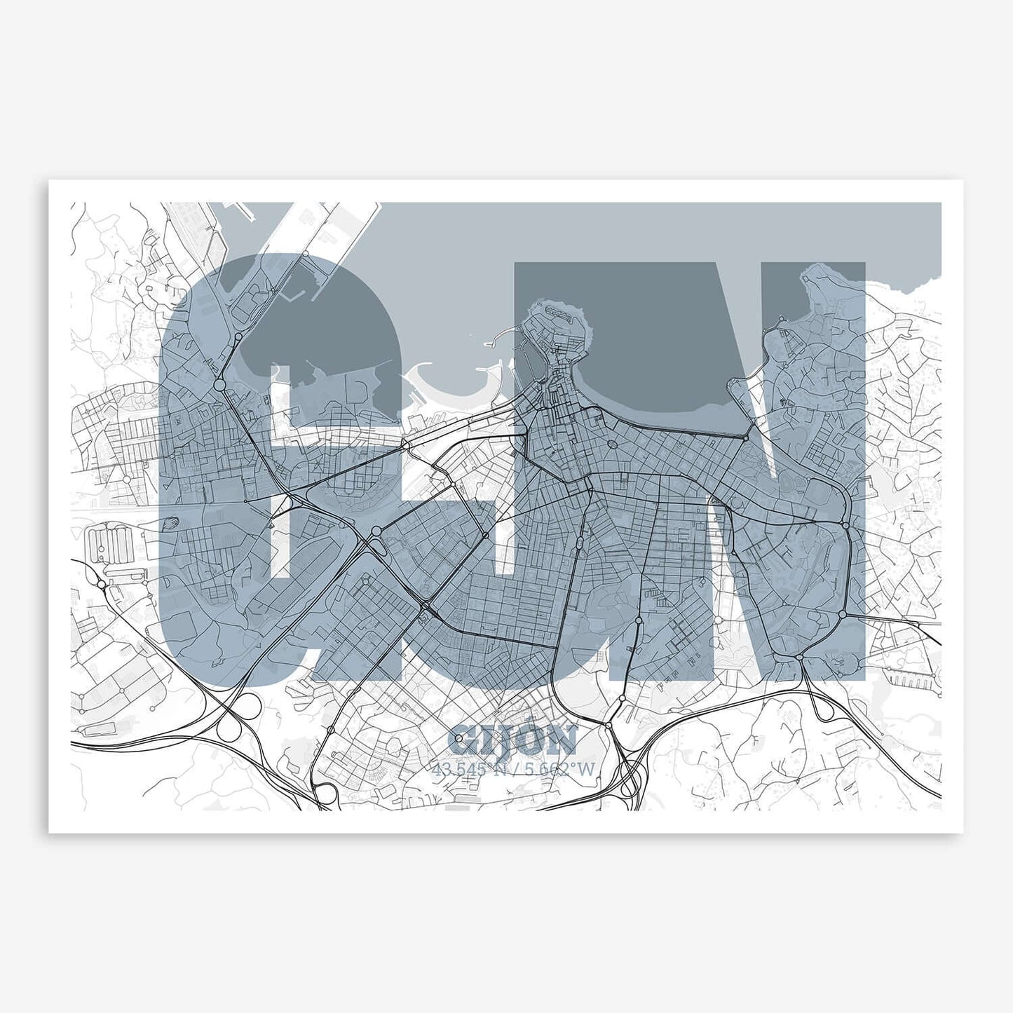 The map of Gijon composed with letters in a heavy geometric font printed on black and white