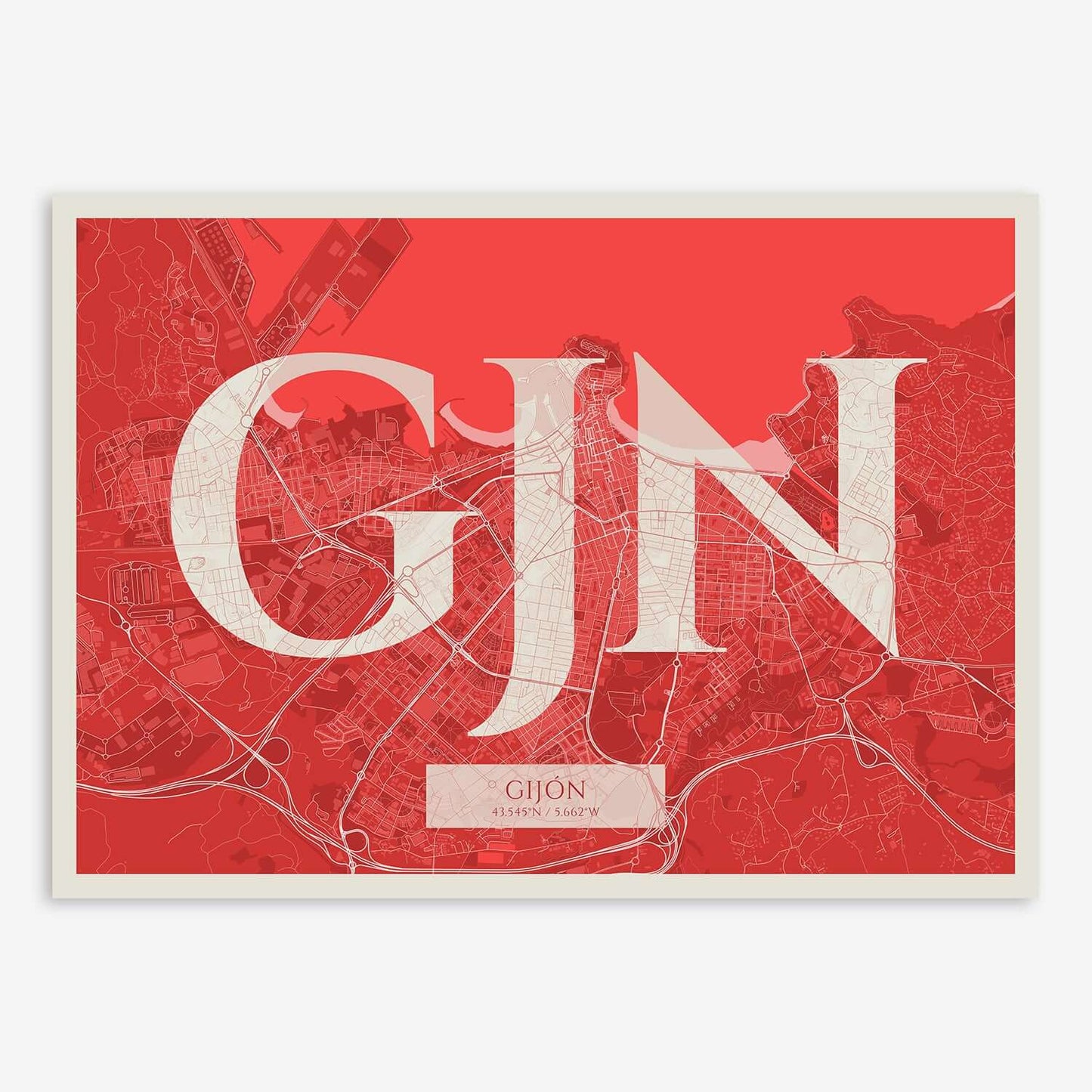 The map of Gijon composed with letters in serif font printed on red and an off-white background