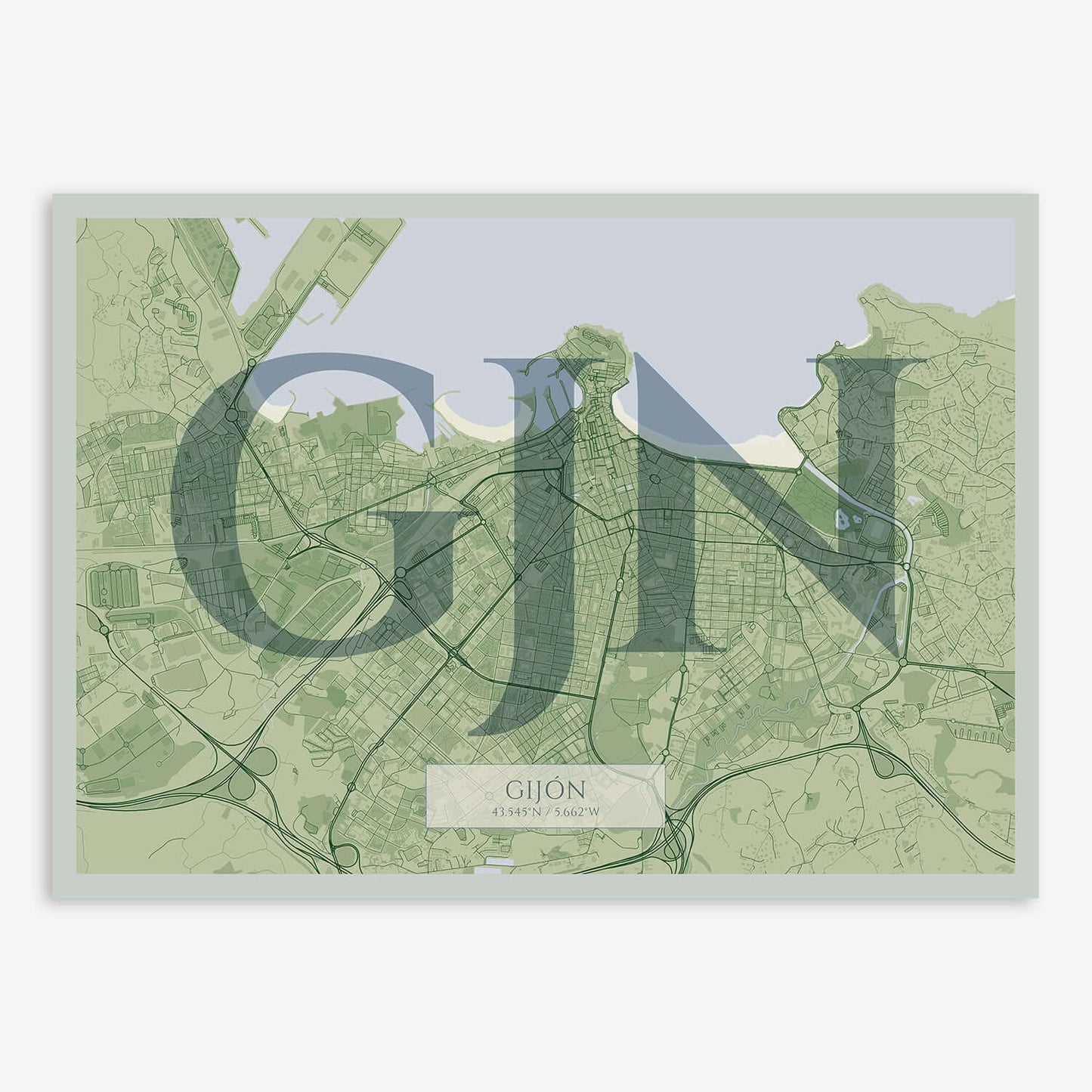 The map of Gijon composed with letters in serif font printed on two green tones