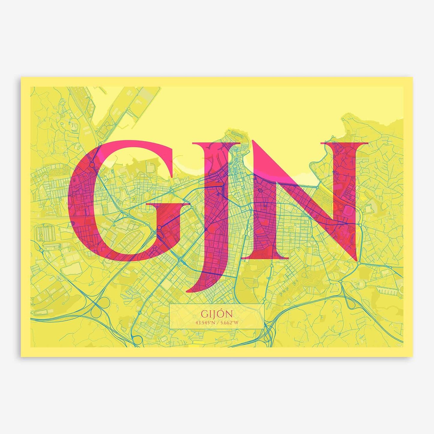The map of Gijon composed with letters in serif font printed on yellow and fuchsia