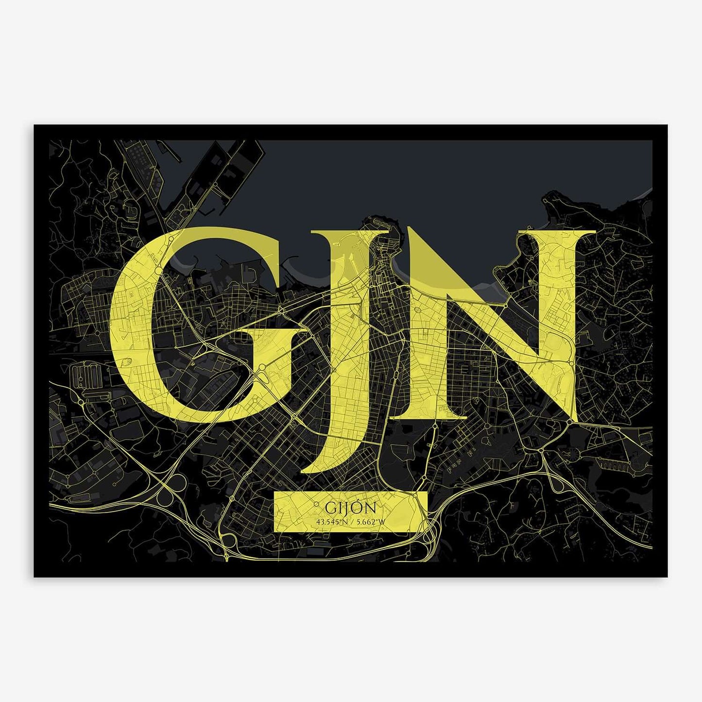 The map of Gijon composed with letters in serif font printed on black and yellow