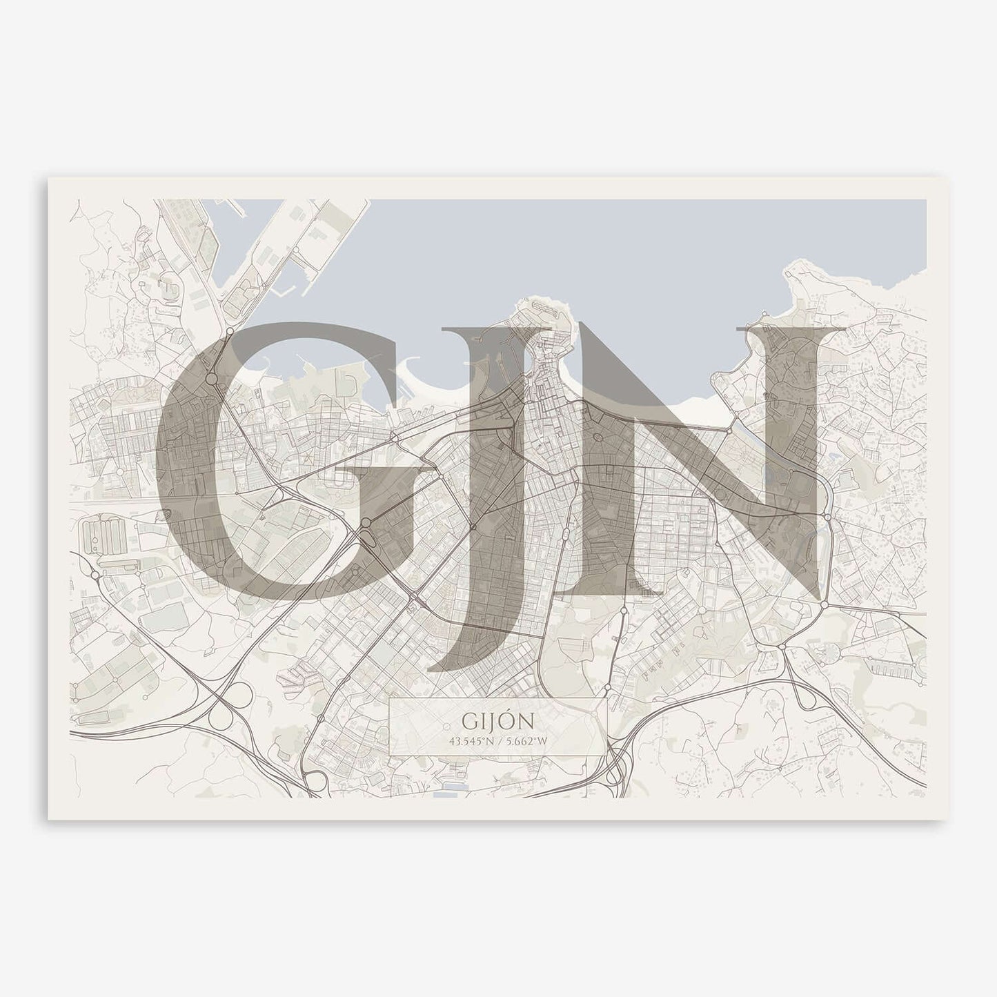 The map of Gijon composed with letters in serif font printed on light brown and an off-white background