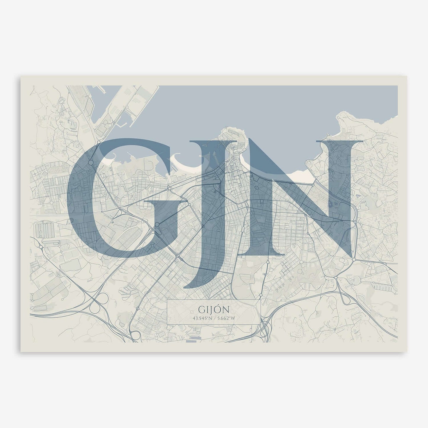 The map of Gijon composed with letters in serif font printed on bluish gray and an off-white background