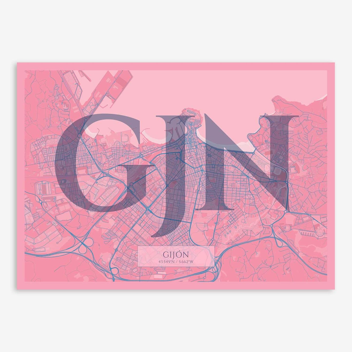 The map of Gijon composed with letters in serif font printed on violet y pink background