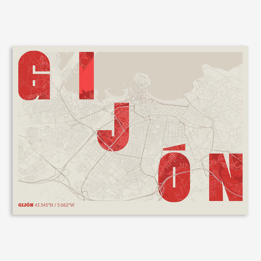 The map of Gijon with letters of its name placed randomly, designed in red and an off-white background